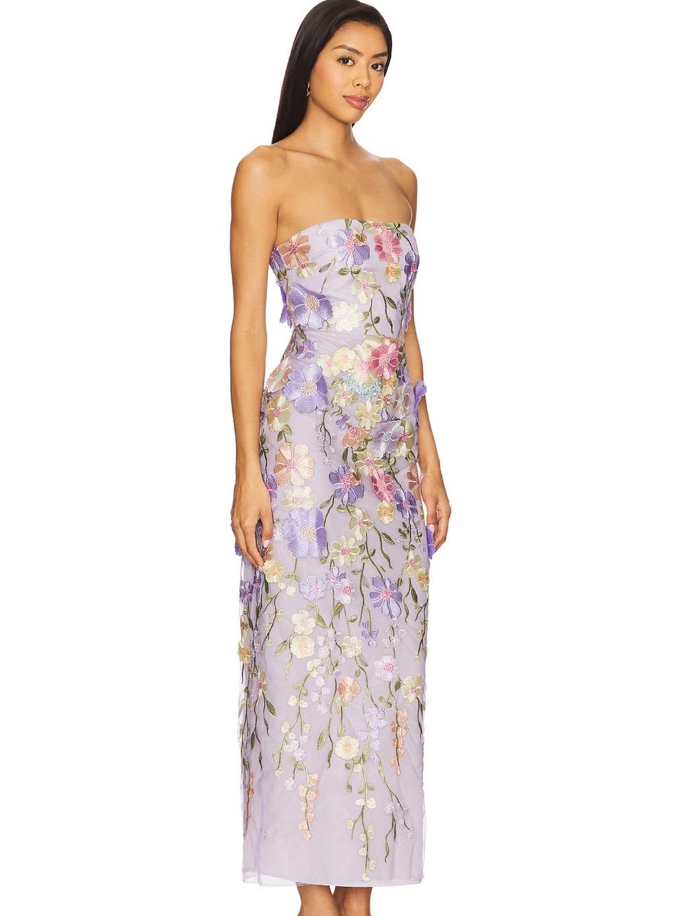 Lovers + Friends Lavender Strapless Floral Embroidered Maxi Dress